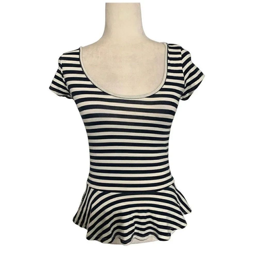 zara womens blue white striped short sleeve fit flare top t shirt small